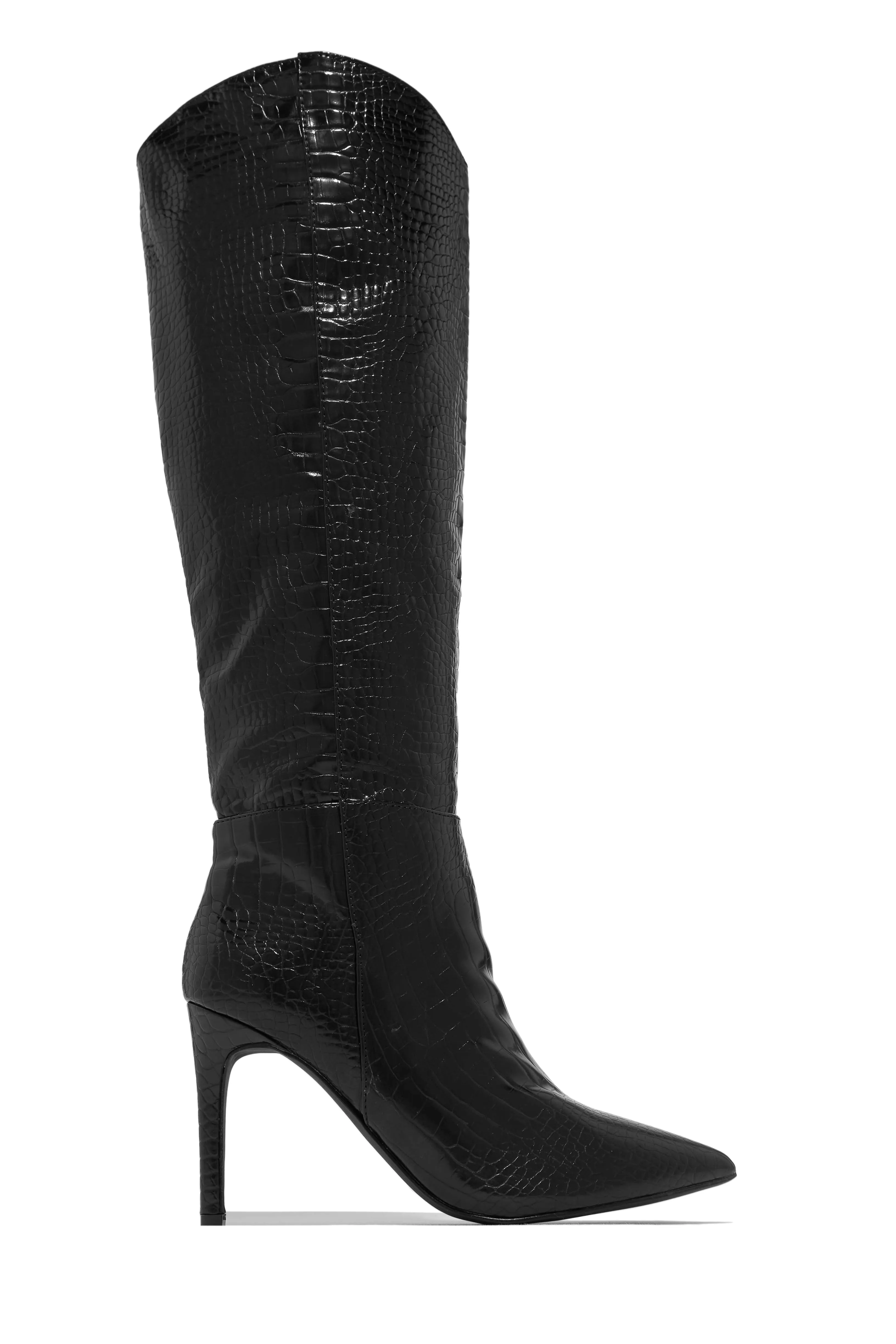 Portia Knee High Heel Boots - Croc Black