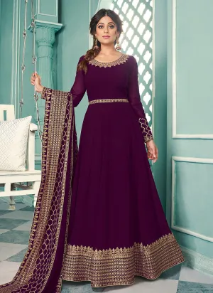 Purple Embroidered Flared Anarkali Suit