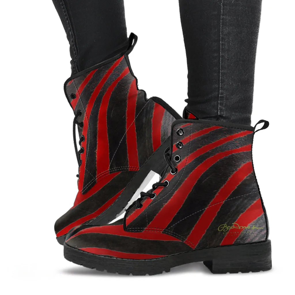 Red Zebra Leather Boots (Vegan)