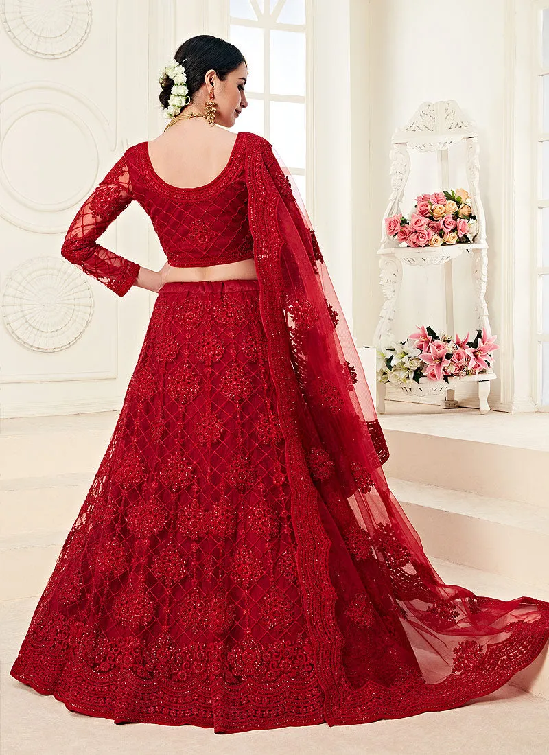 Rouge Red Pearl Embroidered Wedding Lehenga Choli