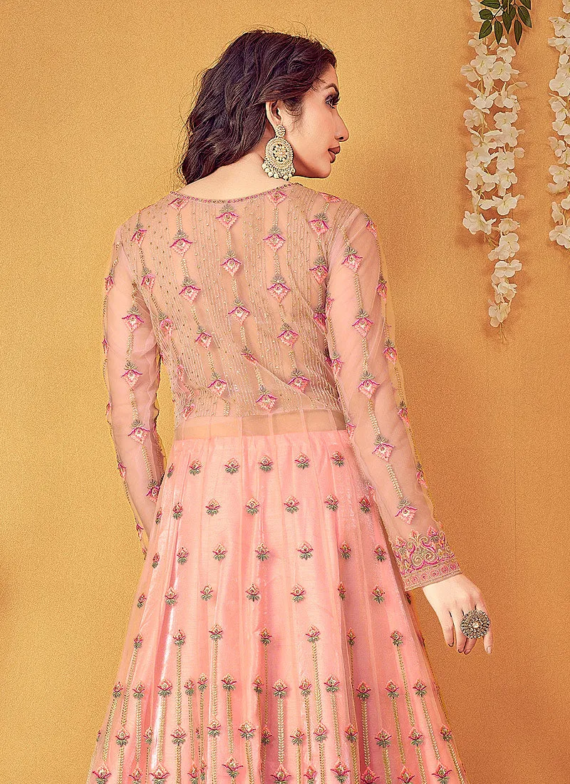 Soft Peach Floral Embroidered Designer Anarkali Lehenga Suit