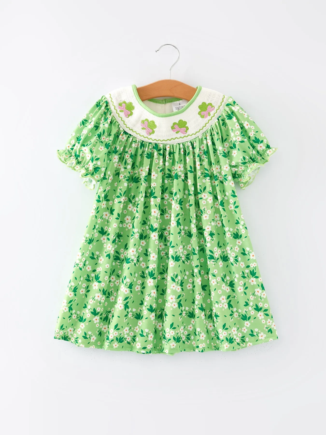 St. Patrick's Day Smocking  Clover Plaid Bow Embroidered Dress