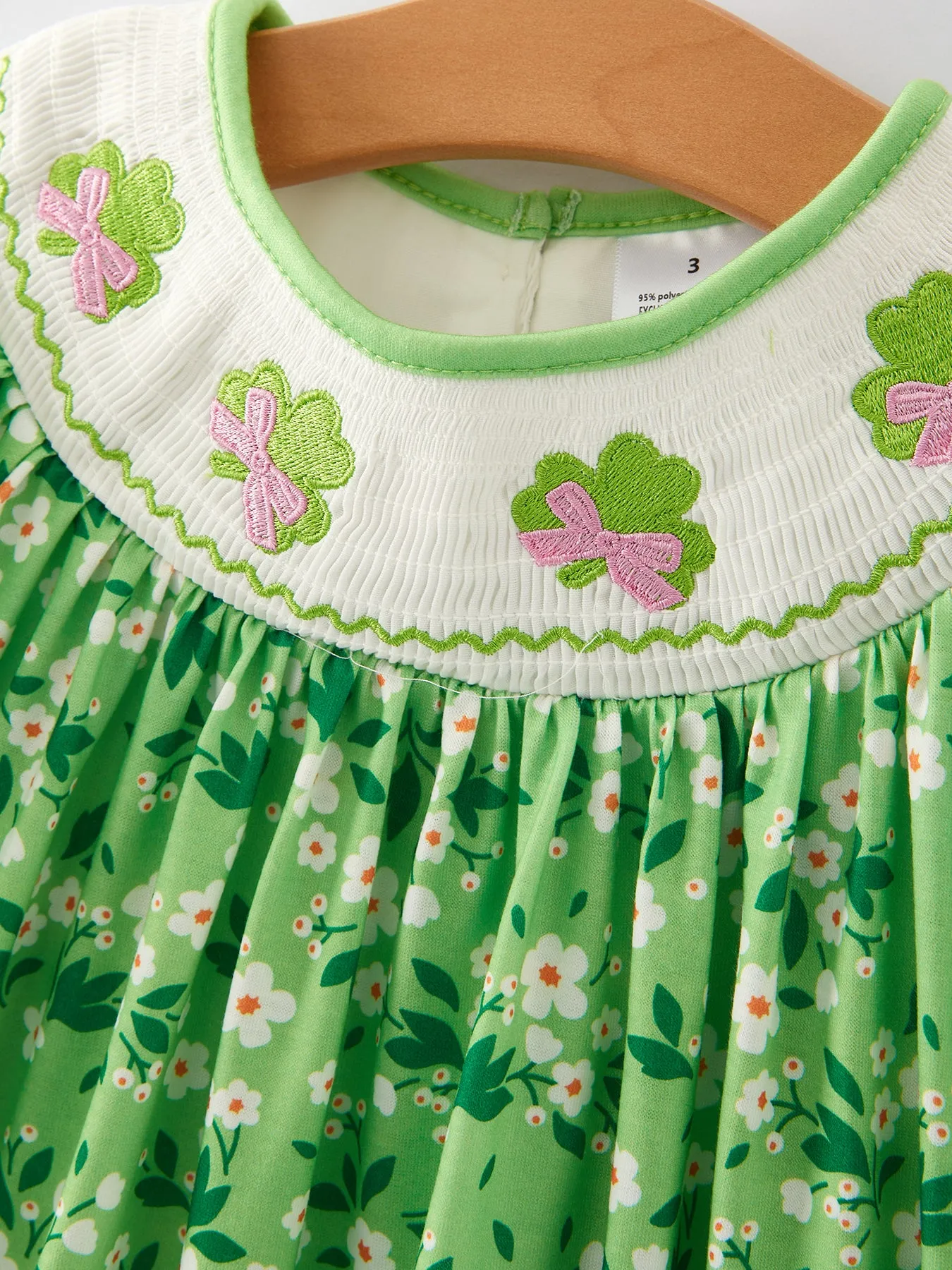 St. Patrick's Day Smocking  Clover Plaid Bow Embroidered Dress