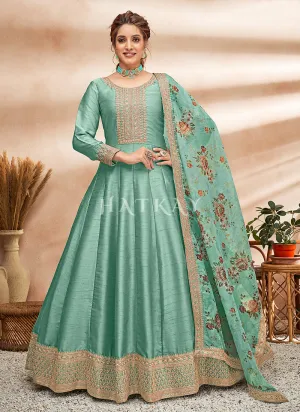 Teal Blue Embroidered Silk Anarkali Suit