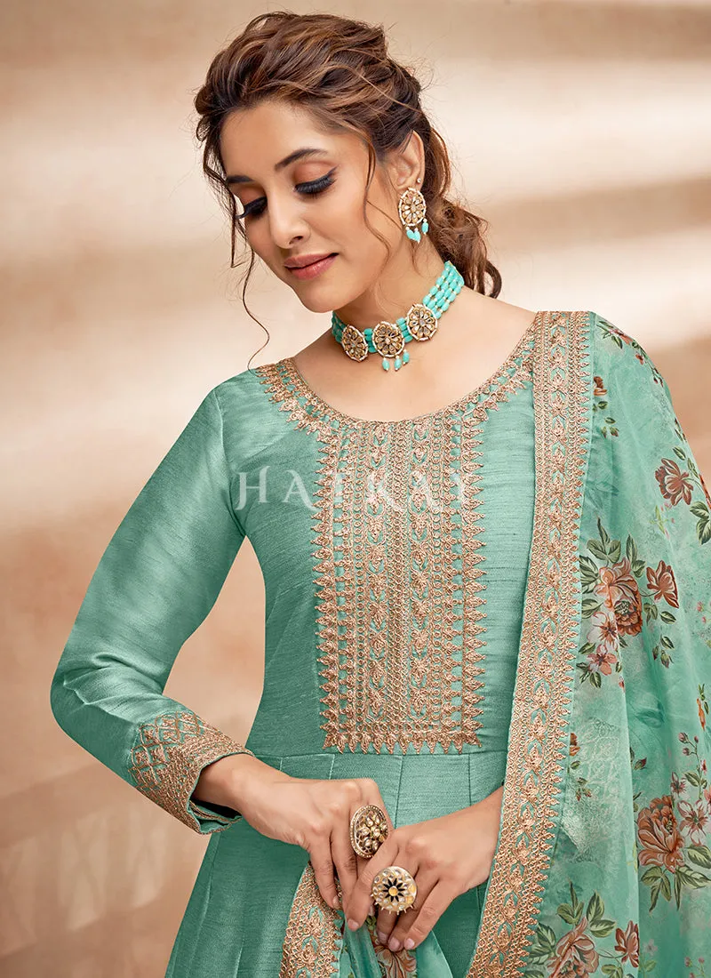 Teal Blue Embroidered Silk Anarkali Suit