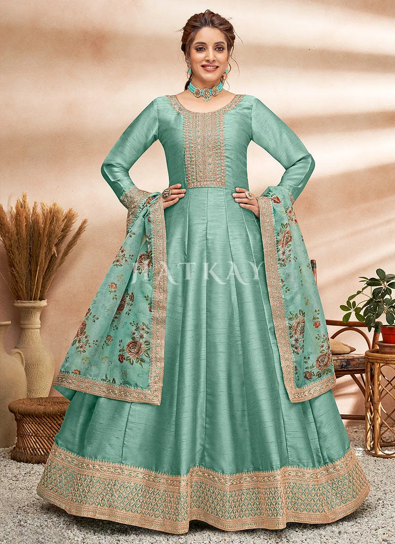 Teal Blue Embroidered Silk Anarkali Suit