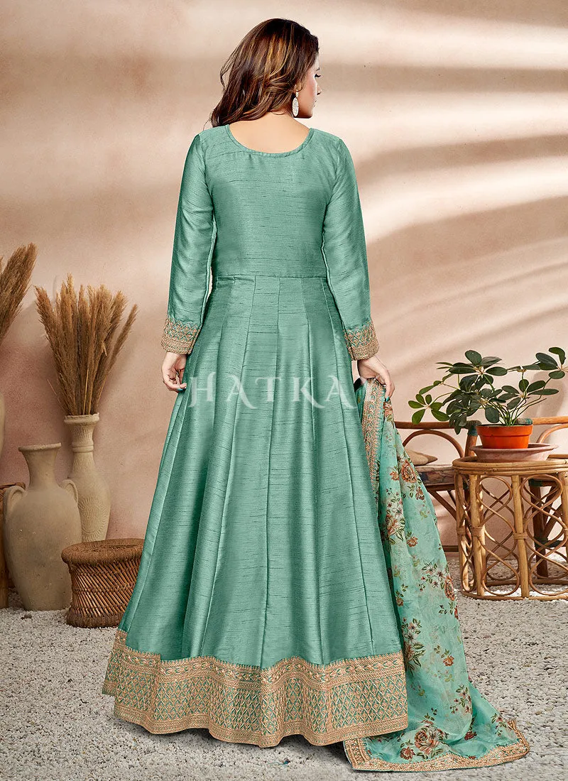 Teal Blue Embroidered Silk Anarkali Suit