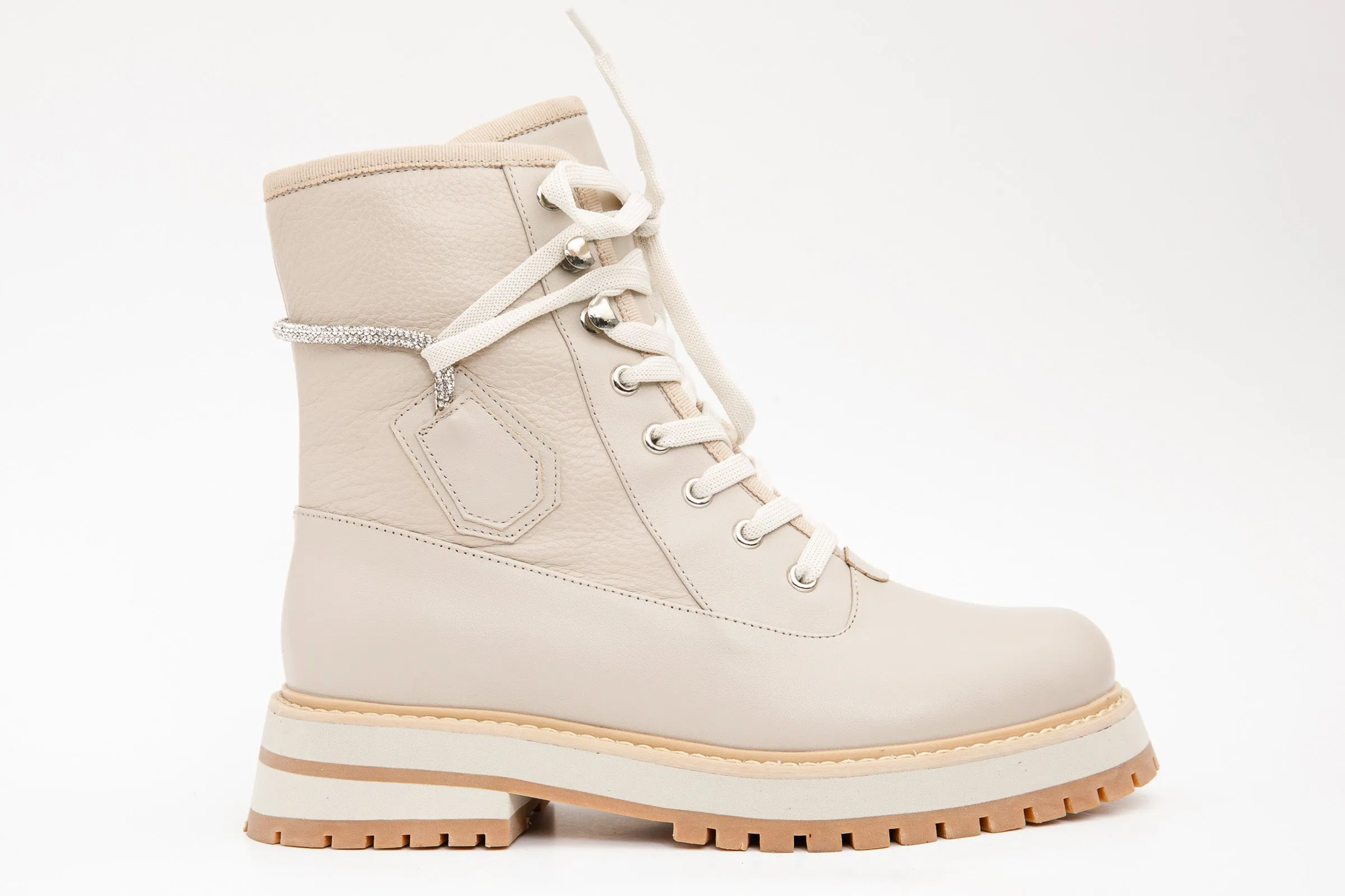 The Arata Cream Leather Lace-Up Ankle Women Boot With a Side Zipper