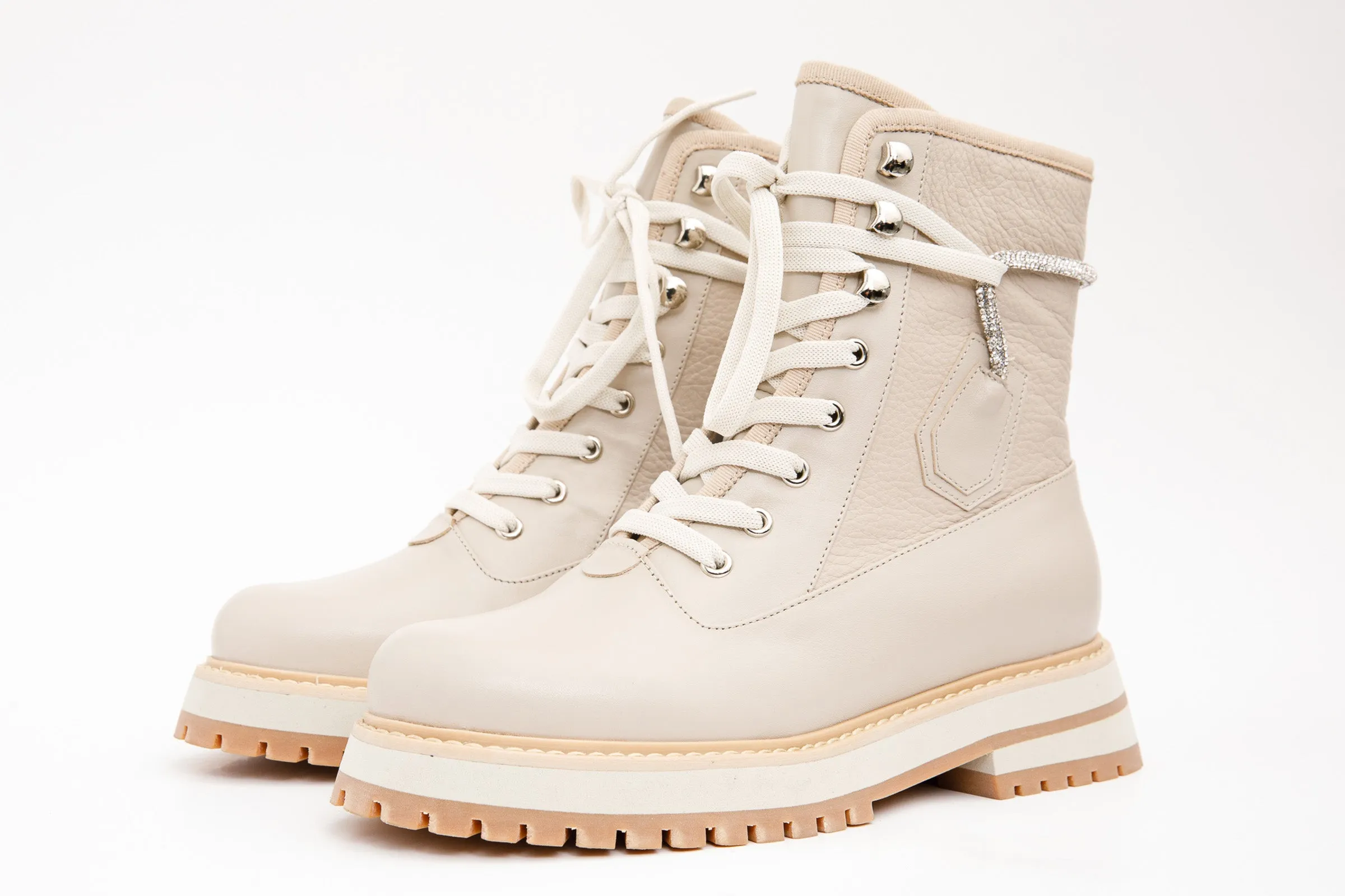 The Arata Cream Leather Lace-Up Ankle Women Boot With a Side Zipper