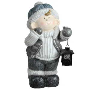 timeless Little Boy Holding a Tea Light Lantern Christmas Figure - 18.5" - White and Gray