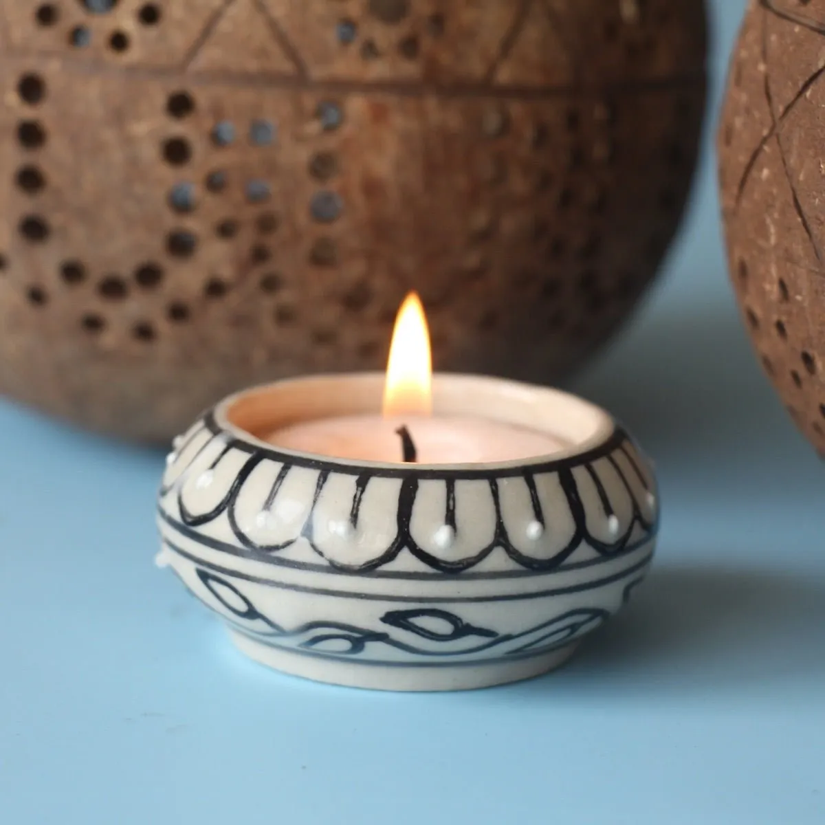 Traditional Coconut Shell Tea Light Candle Holders (Set of 2)