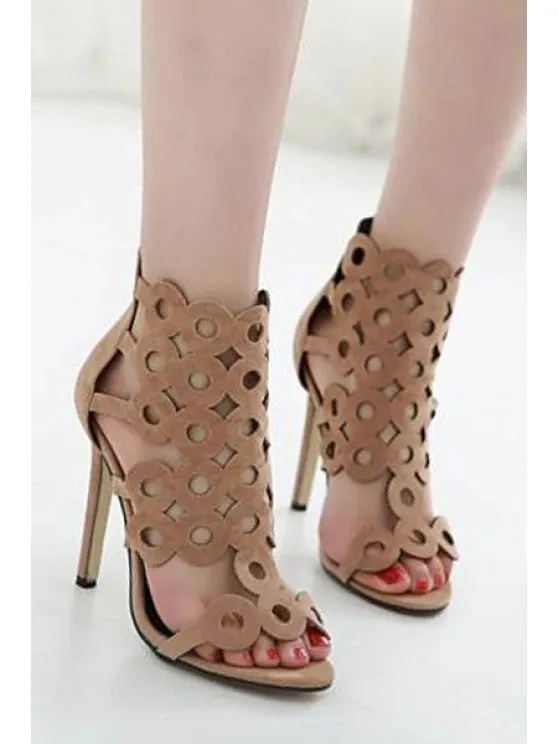 Trendy Openwork Flock Stiletto Heel Sandals