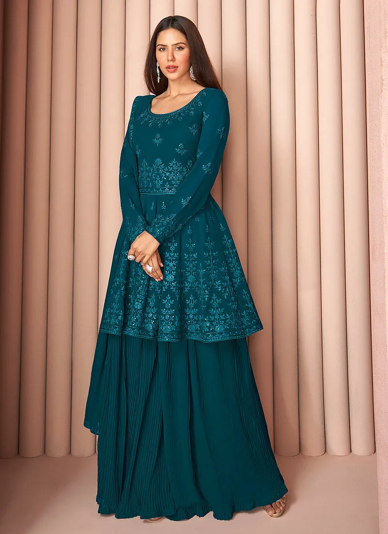 Turquoise Sequence Embroidered Designer Sharara Suit