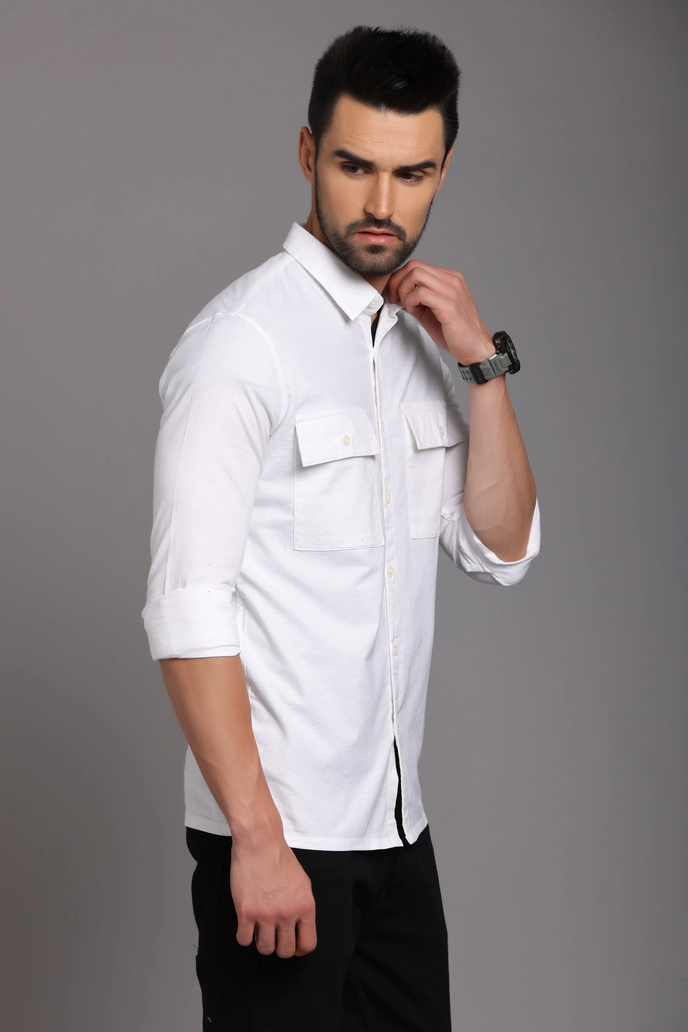 White Full Sleeve Shirt with Double Pocket