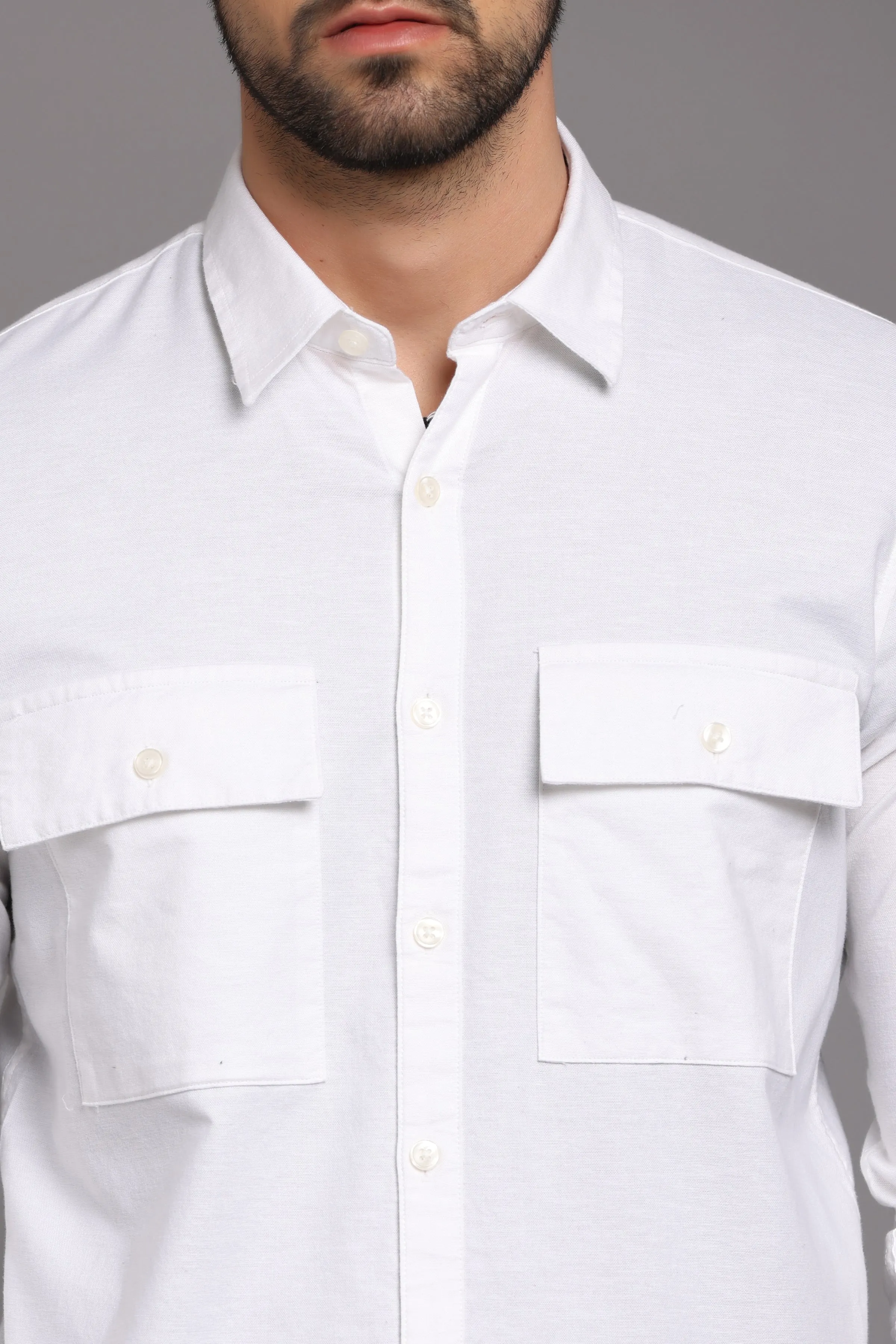 White Full Sleeve Shirt with Double Pocket