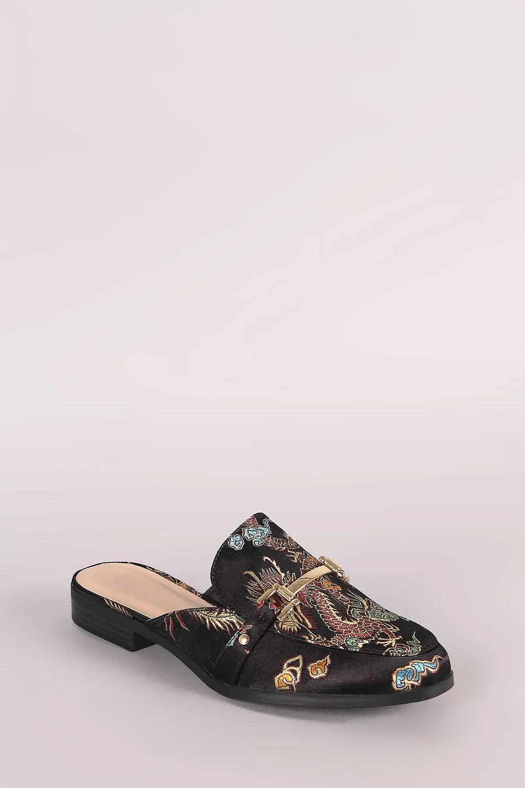 Wild Diva Lounge Oriental Embroidered Horsebit Mule Flat