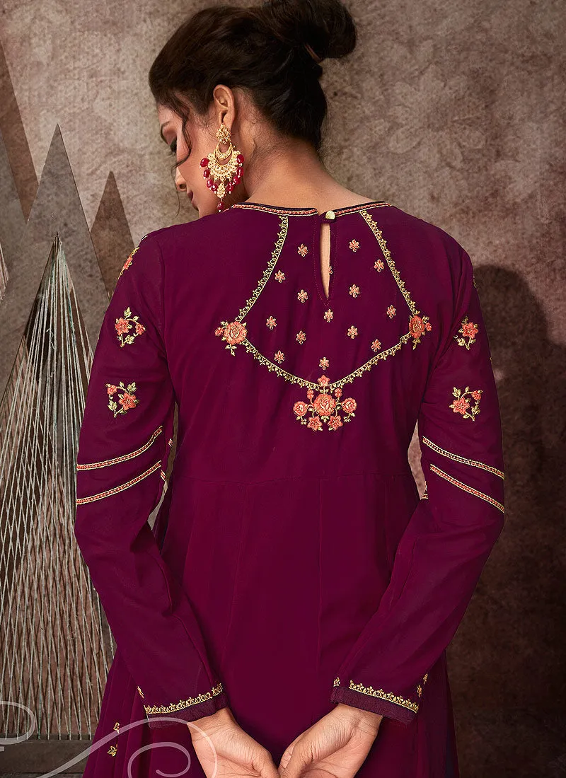 Wine Embroidered Anarkali Suit