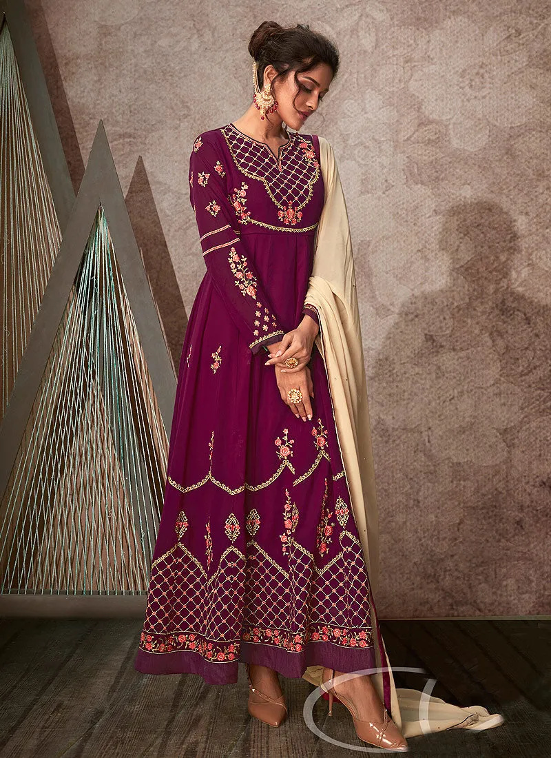 Wine Embroidered Anarkali Suit