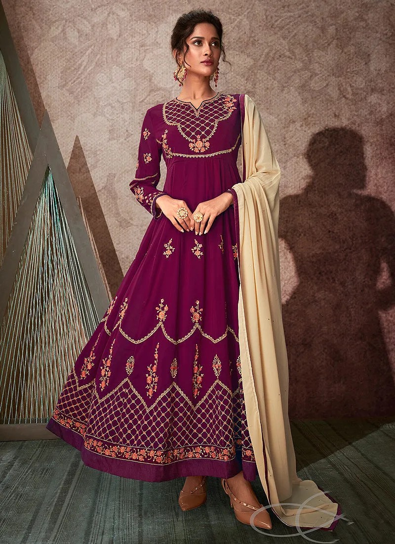 Wine Embroidered Anarkali Suit