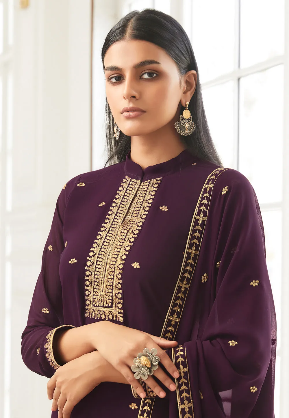 Wine Embroidered Designer Palazzo Suit