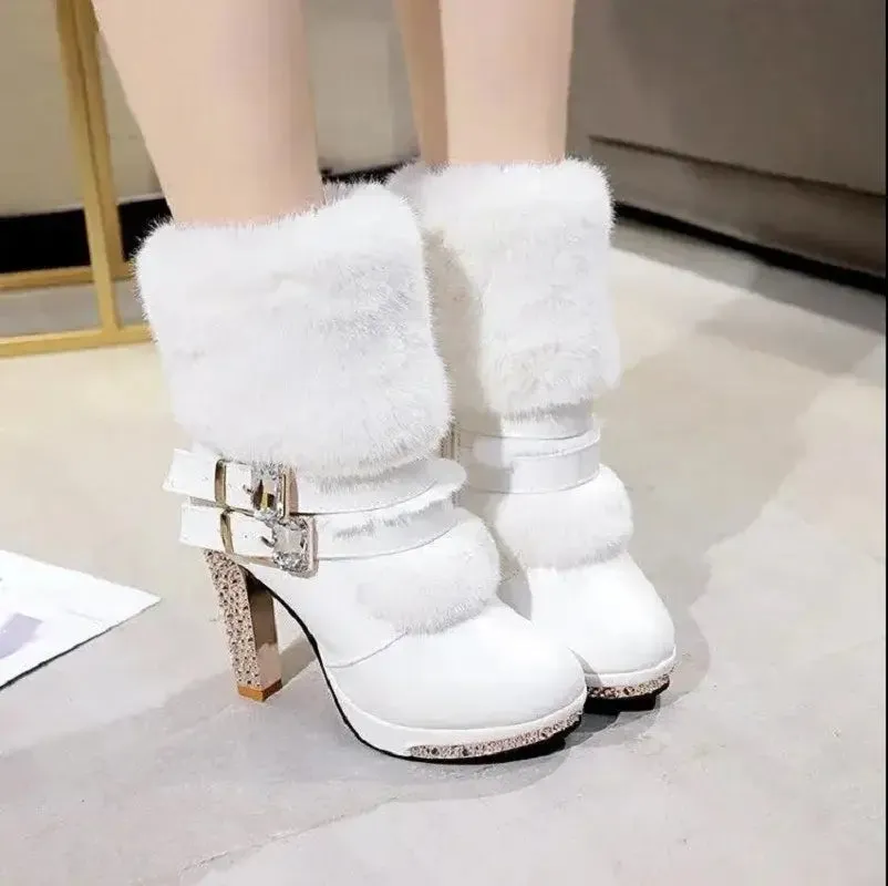 Women High Quality White Pu Leather Side Zipper High Heel Boots Botas