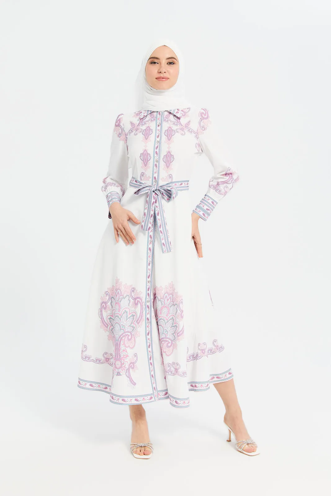 Women White And Mauve Printed Belted Dress