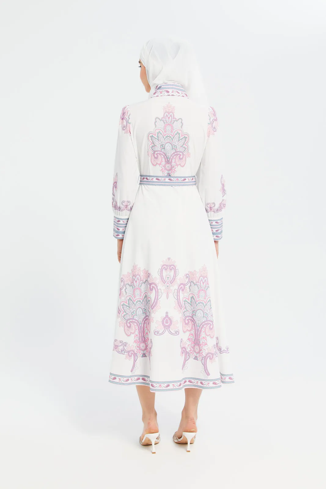 Women White And Mauve Printed Belted Dress