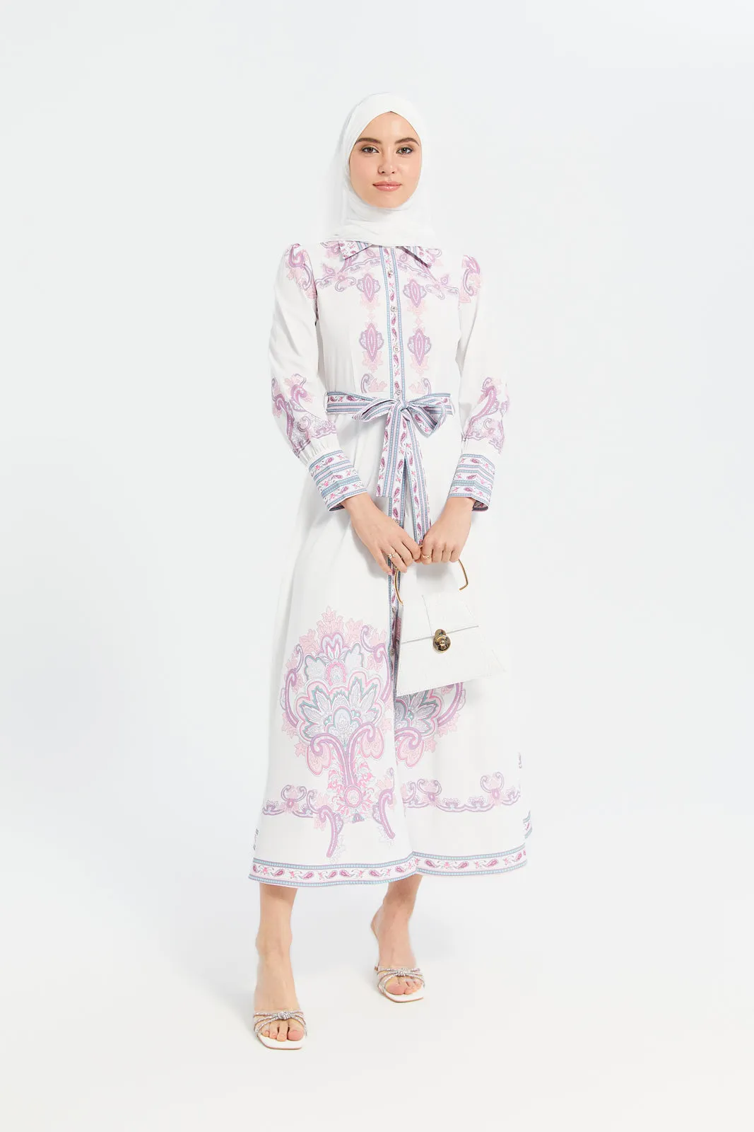 Women White And Mauve Printed Belted Dress