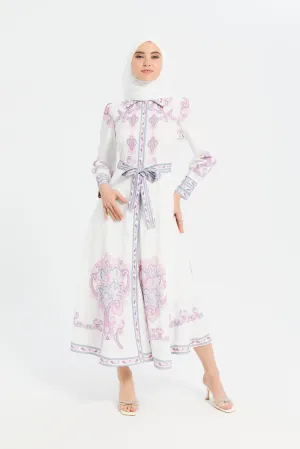 Women White And Mauve Printed Belted Dress