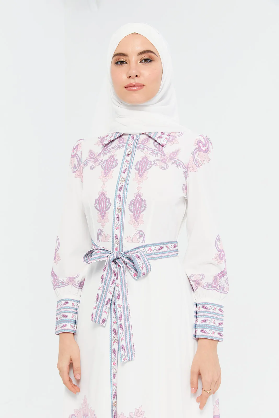 Women White And Mauve Printed Belted Dress