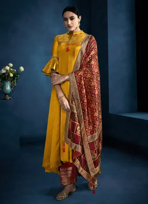 Yellow And Red Multi Embroidered Anarkali Palazzo Suit