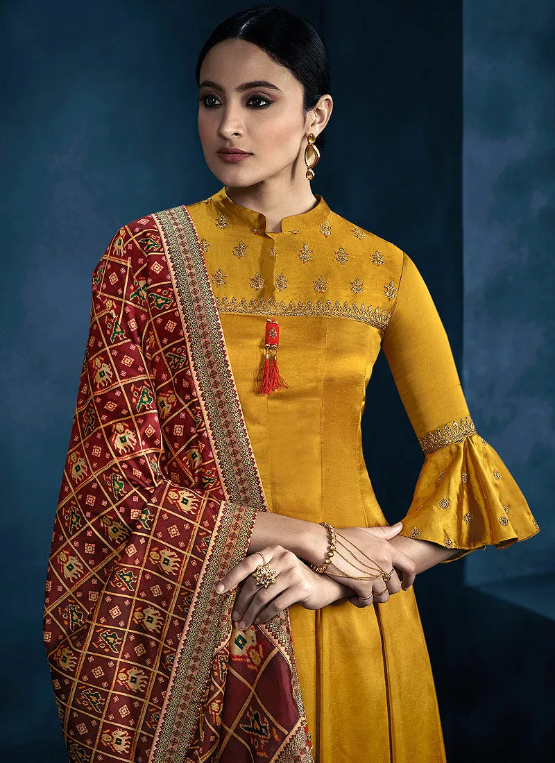 Yellow And Red Multi Embroidered Anarkali Palazzo Suit