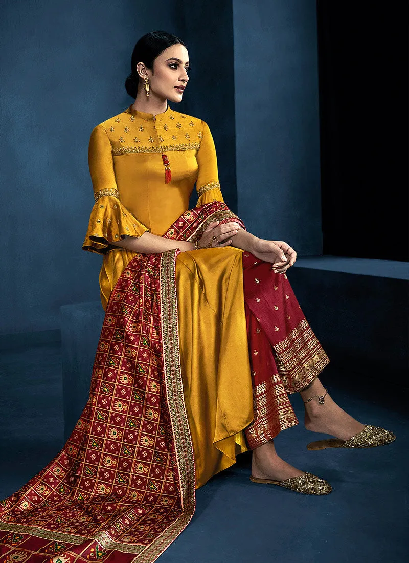 Yellow And Red Multi Embroidered Anarkali Palazzo Suit