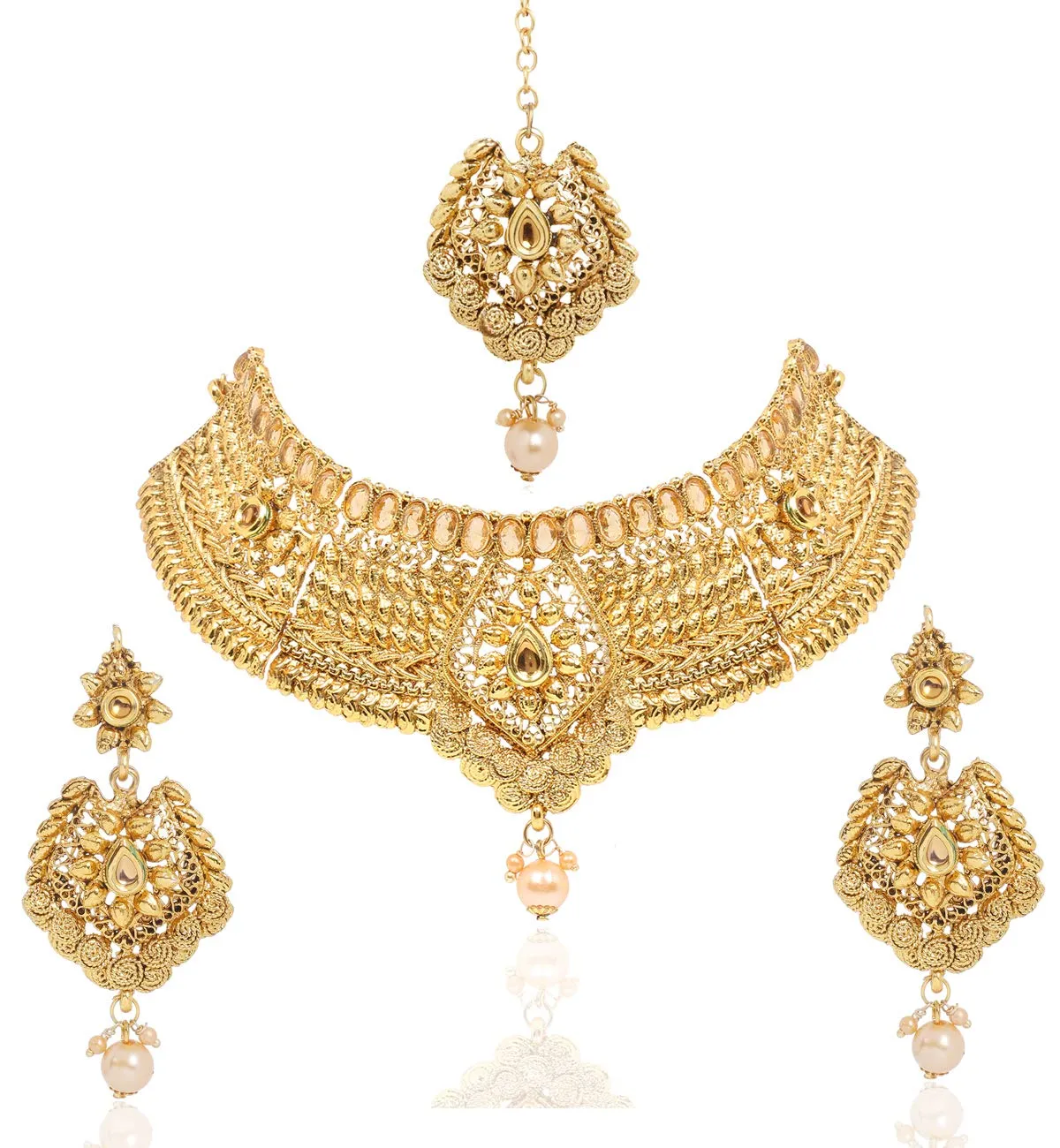 Yellow Chimes Gold Plated Traditional Flower Designer Studded pearl Choker Necklace, Earring & Maang Tikka Set Necklace set Necklace Jewellery Set For Women & Girls