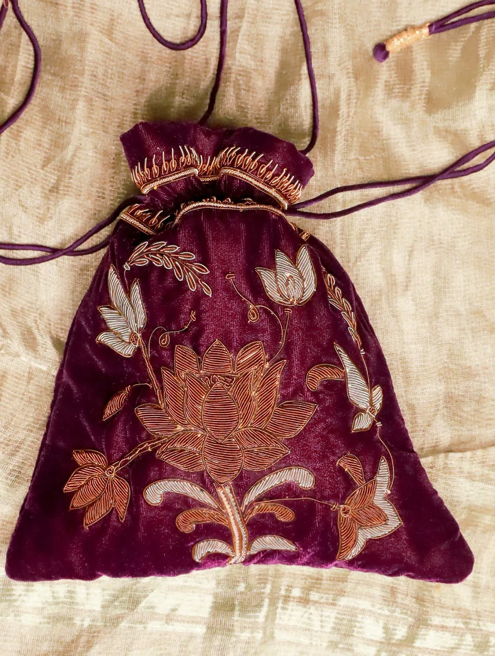 Zardozi and Resham Embroidered Evening Potli Bag - Plum Lotus